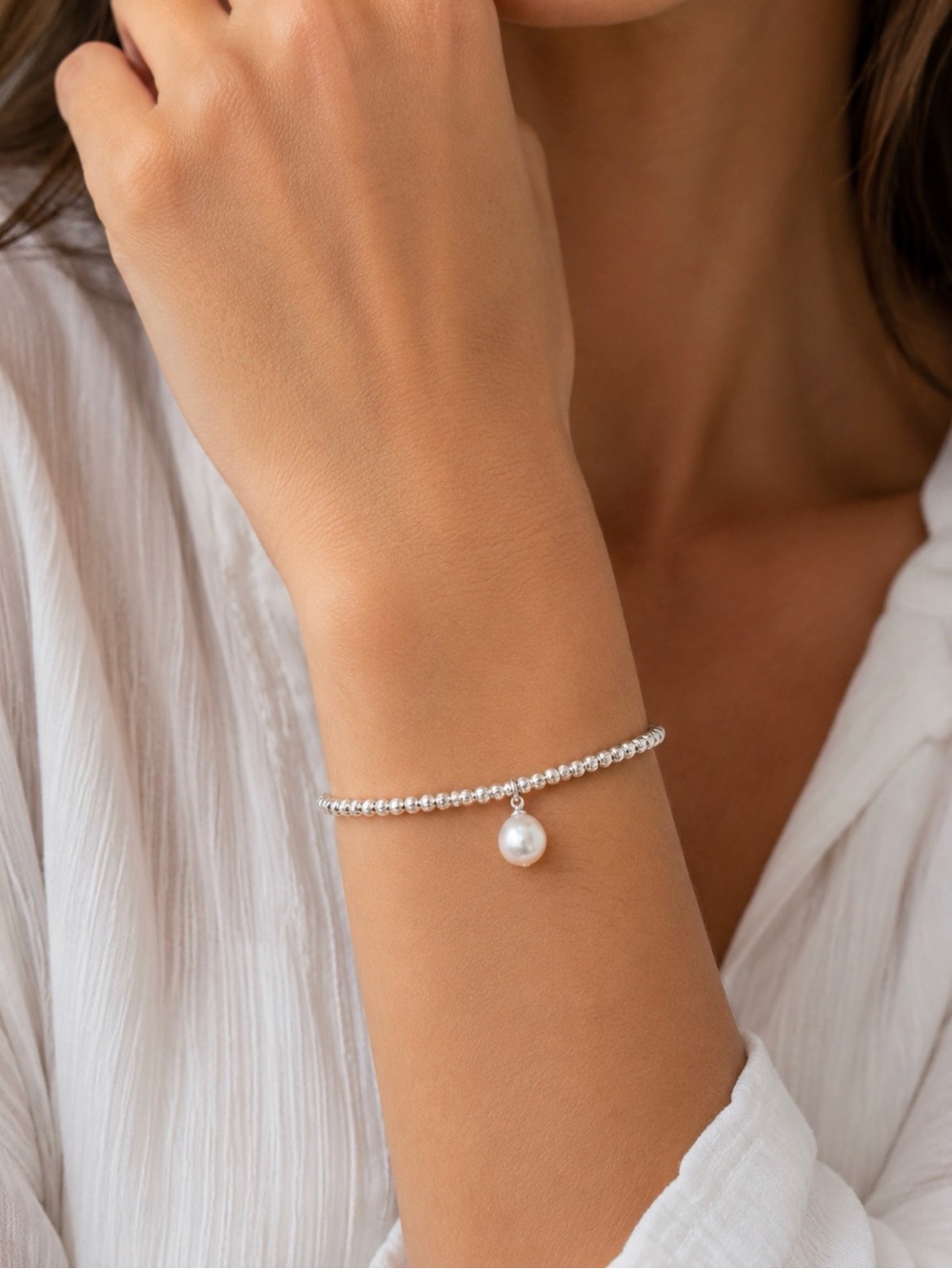 NEW! Elegant Silver Beaded Wrap Bracelet with Pearl Charm